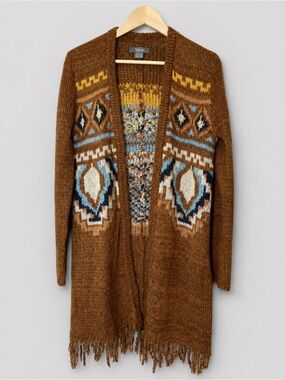 Natural Reflections Southwestern Aztec Fringe Long Cardigan Sweater Brown Boho